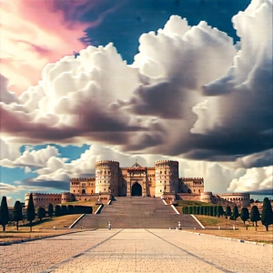 Urban Pastel Drawing: Historic Monument With Dramatic Clouds With Large, Majestic