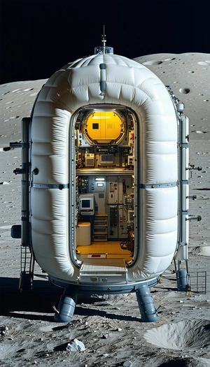 In The Image, There Is A Large White Spacecraft With A Hatch Open, Revealing The Interior