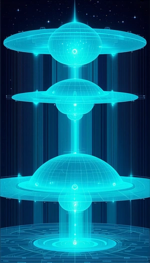 A Futuristic Scene With Three Large, Blue, And Round Structures