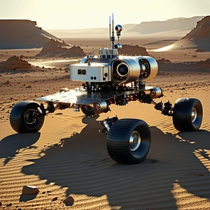 A Futuristic Vehicle, Possibly A Robot Or A Spacecraft, Parked In A Desert-like Environment