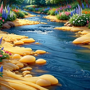 Nature Blueprint Style: Rushing River Surrounded By Wildflowers With Beautifully Drawn
