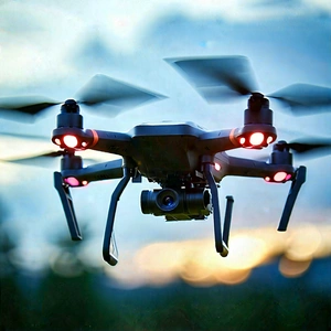 Tech Digital Illustration: Drone With User Interface With Drone Flying