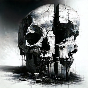 Abstract Charcoal Drawing: Decay Represented Through Textural Contrasts With Skull Cracked