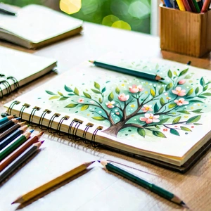 Business Pastel Drawing: Workplace with notebooks and pens on desk