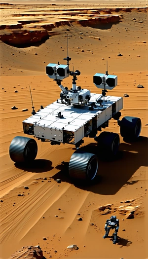 A White Robotic Vehicle With Four Wheels, Driving Across A Sandy Terrain