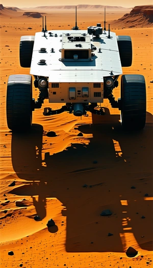 A Large, Four-wheeled Vehicle Is Driving Across A Sandy Terrain