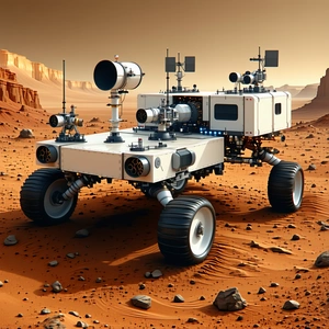 A White Robotic Vehicle Is Parked On A Rocky Surface, Possibly On Mars