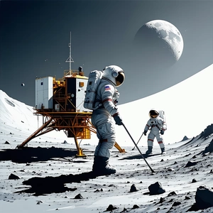 In The Image, There Are Two Astronauts Standing On The Moon, Each Holding A Ski Pole