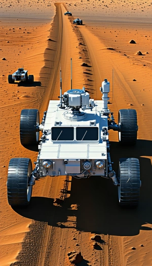 A White Robotic Vehicle Is Driving On A Dirt Road