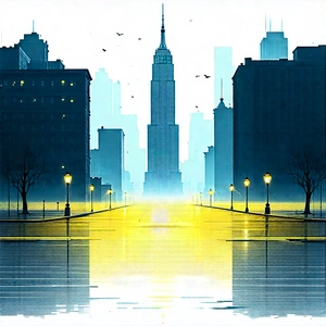 Urban Etching: Famous Building With (rain:1.16)-slicked Streets With City Street