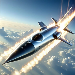 A Silver Jet Is Flying Through The Sky, Leaving A Trail Of Smoke Behind It