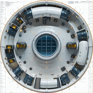 The Image Is A Computer-generated Drawing Of A Space Station, Showcasing Its Interior