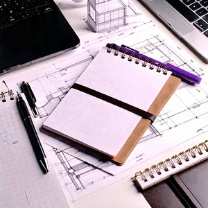 Business Blueprint Style: Workplace with notebooks and pens on desk