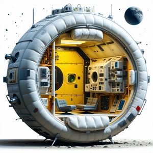 A Large, White, Round Spacecraft With A Hatch Door Open
