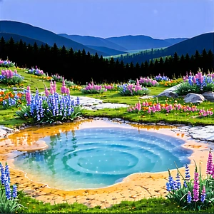 Nature Diagram Style: Hot Spring Surrounded By Wildflowers With Beautiful Scene