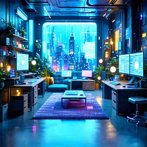 (futuristic:1.29) Tech Startup Office With Futuristic Living
