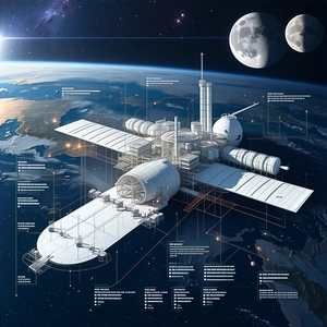 A Large Space Station Is Shown In A Diagram, With Various Parts Labeled
