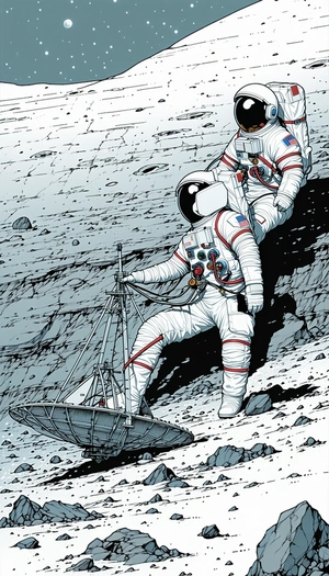 In The Image, There Are Two Astronauts Standing On A Rocky Surface, Possibly On The Moon