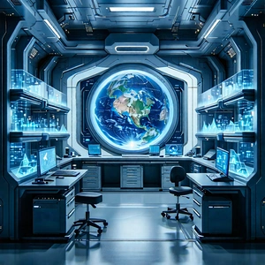Tech Digital Art: Futuristic Research Laboratory With Image, There