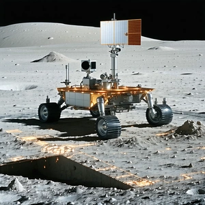 A Robotic Vehicle Is Parked On The Surface Of The Moon