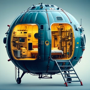 A Large, Blue, Round Spacecraft With A Bedroom Inside