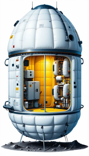 A Large White Spacecraft Is Shown In A Blue And Yellow Color Scheme