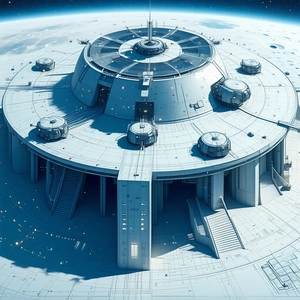 A Large White Space Station Is Shown In A Blue And White Color Scheme