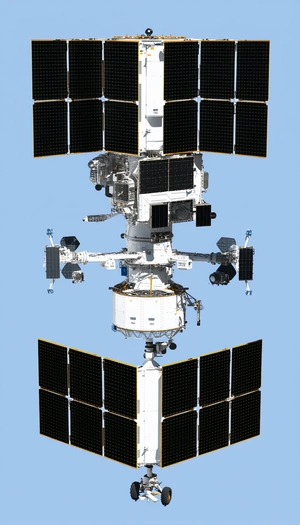 A Large Spacecraft Is Shown In A Blue Sky, With A View Of The Underside Of The Spacecraft
