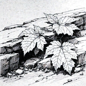 Nature Pencil Sketch: Autumn Leaves In Rocky Terrain With Leaf Seen