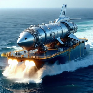 A Large Submarine Is Traveling Through The Ocean
