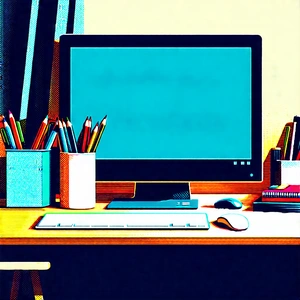 Business Linocut Print: Workplace With Modern Office Supplies On Desk With Computer Monitor