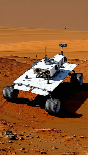 A White Rover Vehicle With A Large Antenna On Top, Driving Across A Red Dirt Surface