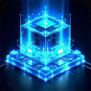 Quantum Computer With Blue Light Glow With Blue White