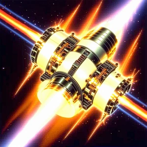 A Spacecraft Is Shown In A Brightly Lit Environment, With Its Engine Glowing Brightly