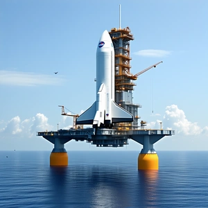 A Large Space Shuttle Docked On A Floating Platform In The Ocean