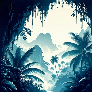 Nature Linocut Print: Tropical Plants In Misty Environment With Image, There