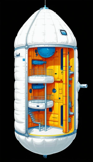 A Large, White, And Orange Spacecraft Is Shown In A Cartoon-like Drawing
