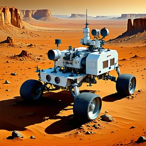 A Large White Robotic Vehicle, Possibly A Rover, Parked On A Dirt Surface