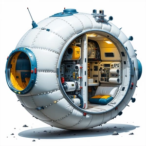 A Large White Sphere Is Shown, With A Blue And Yellow Chair Inside