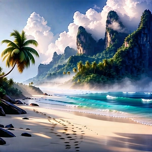 Nature Woodcut Print: Mist Over Tropical Beach With Beautiful Painting
