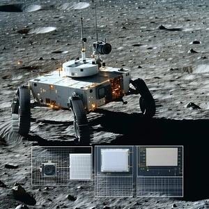 A Small Robotic Vehicle, Possibly A Rover, Sitting On A Rocky Surface
