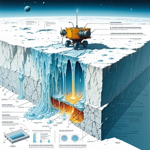 The Image Is A Detailed Illustration Of A Spacecraft, Possibly A Rocket, Sitting On A Frozen Surface