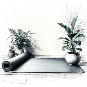 Lifestyle Charcoal Drawing: Wellness Scene With Yoga Mat And Plants With Image, There