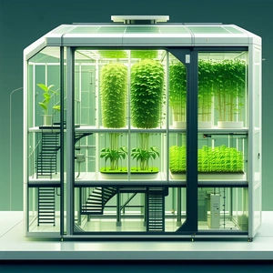 A Large, Modern Greenhouse With A Variety Of Plants Inside