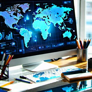 Tech Acrylic Painting: Financial Technology In Tech Office With Computer Monitor