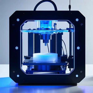 A Blue And Black 3d Printer Is Sitting On A White Table