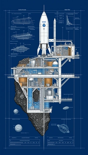 A Large, Futuristic Space Station Is Depicted In A Blue And White Drawing