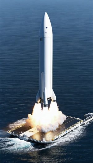 A Large Rocket Ship, Likely A Space Shuttle, Launching From A Platform In The Ocean