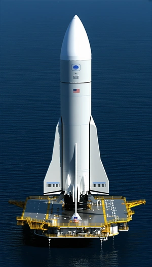 A Large White Rocket Ship Is Floating On Top Of A Yellow Platform In The Ocean