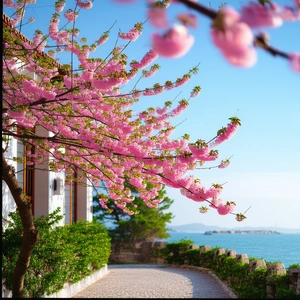 Nature Architectural Photography: Cherry Blossoms In Coastal Environment With Beautiful Tree